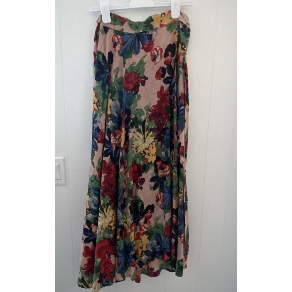 TYSA Made in USA Pink Navy Green Floral Wrap Maxi Skirt Size 0/1 Rayon Boho